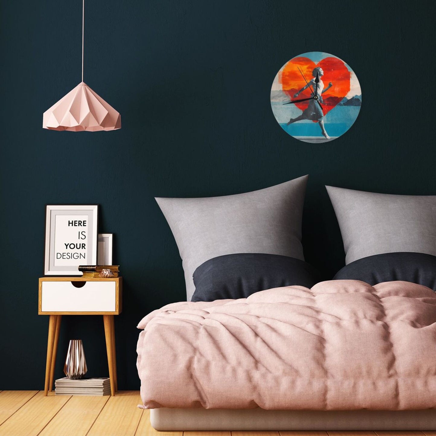 25cm Modern Wall Clock – Running Girl with Heart Backdrop | Creative Silent Round Timepiece