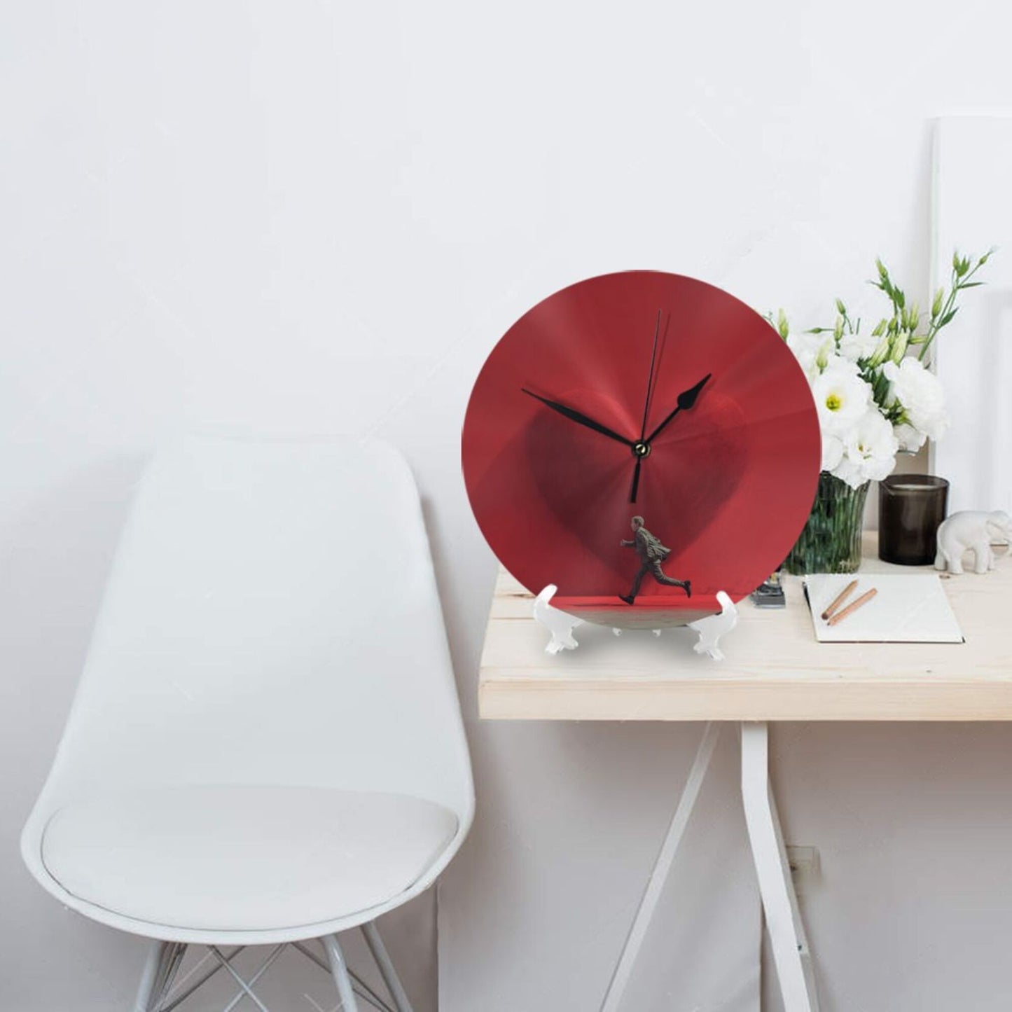 25cm Red Heart Artistic Wall Clock – Running Man Design | Silent Modern Round Timepiece