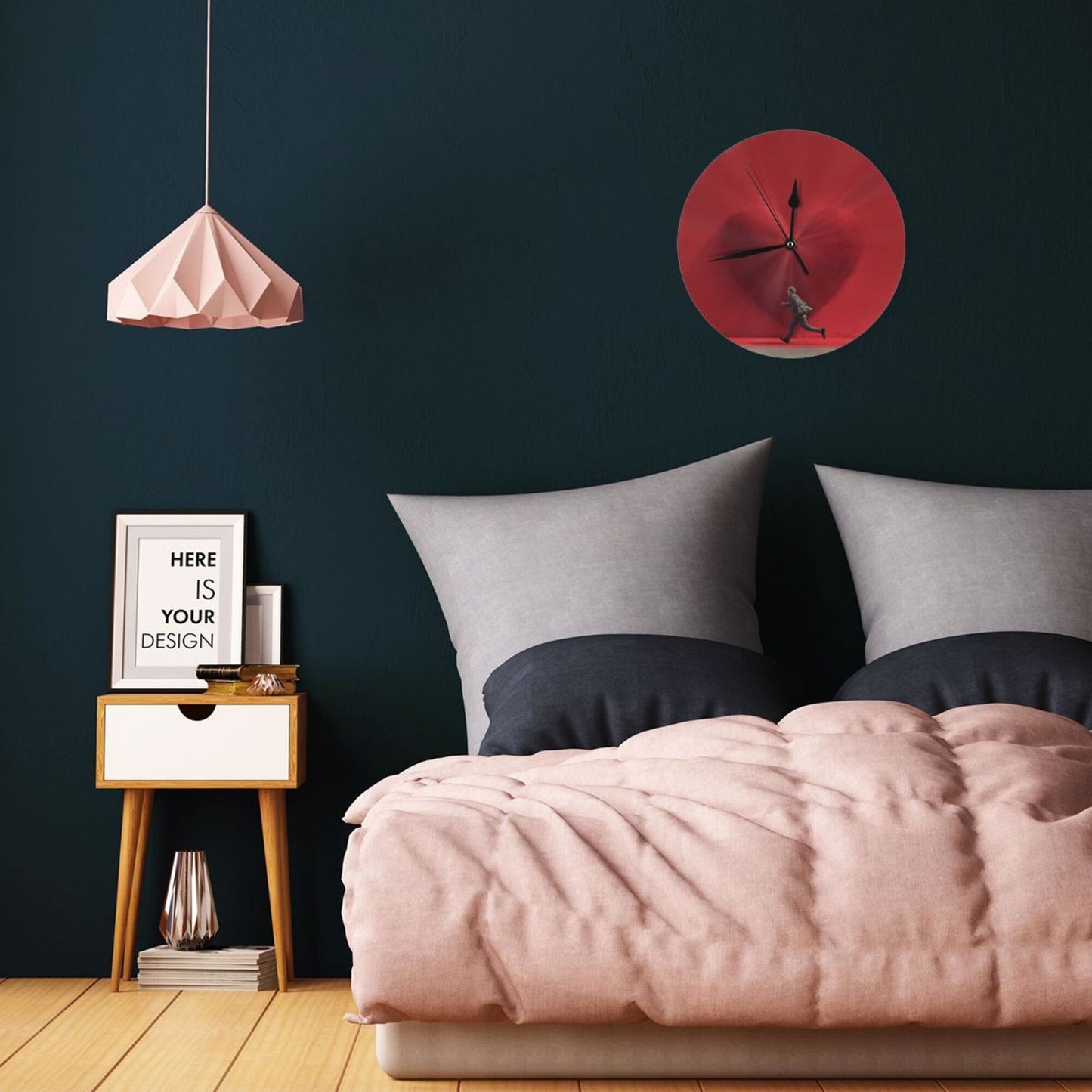 25cm Red Heart Artistic Wall Clock – Running Man Design | Silent Modern Round Timepiece