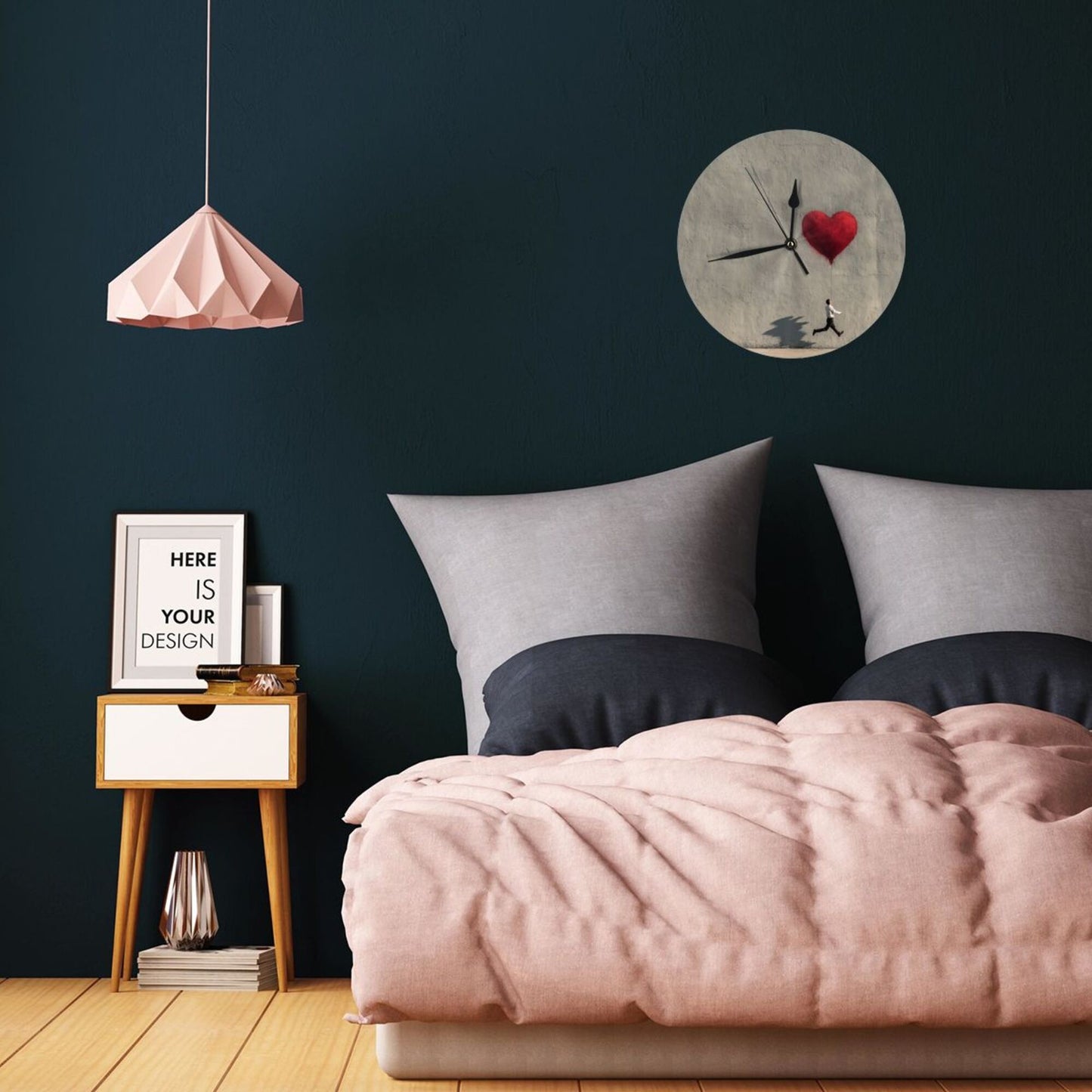 25cm Gray Wall Clock with Heart Balloon and Running Man | Modern Graffiti Art Silent Timepiece