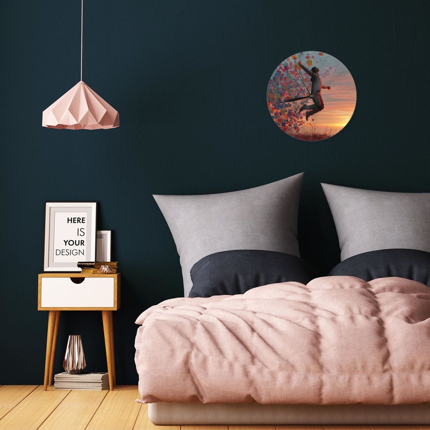 25cm Jumping Pixel Art Clock | Digital Human in Sunset Scene | Modern Silent Wall Timepiece