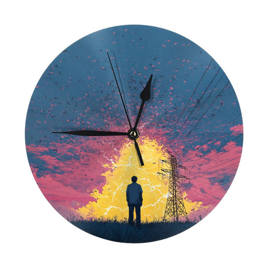 25cm Silent Wall Clock|Electric Field & Thinking Figure|Modern Abstract Illustration