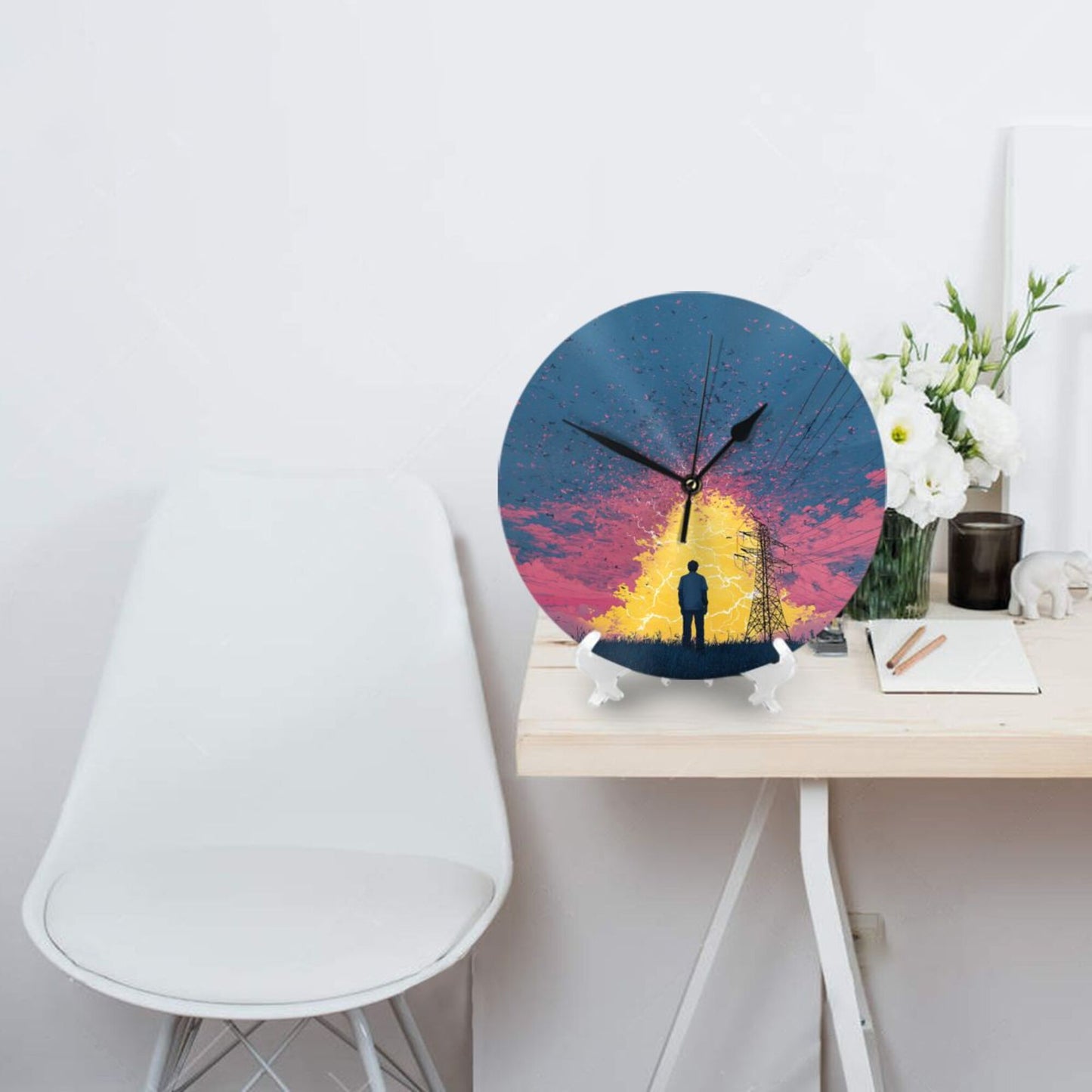 25cm Silent Wall Clock|Electric Field & Thinking Figure|Modern Abstract Illustration
