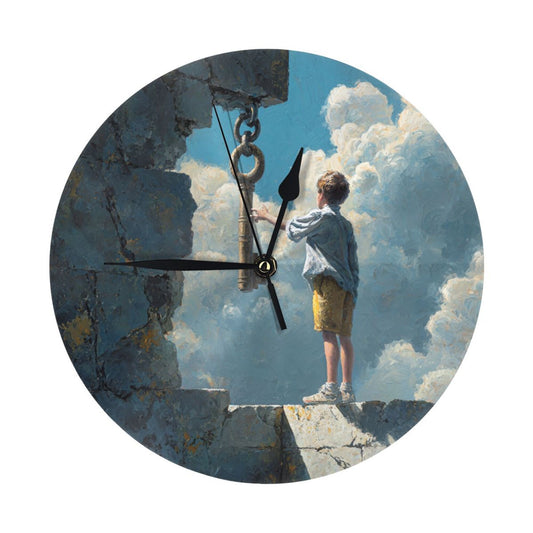 25cm Silent Wall Clock|Boy and the Key in the Sky|Surreal Fantasy Illustration