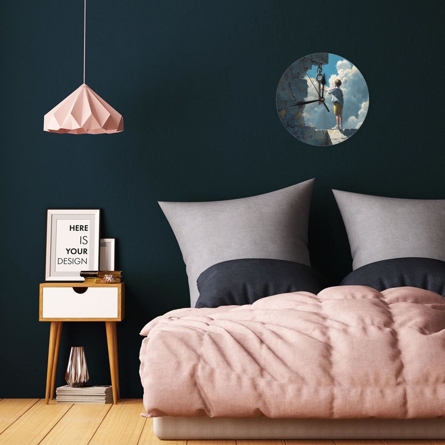 25cm Silent Wall Clock|Boy and the Key in the Sky|Surreal Fantasy Illustration