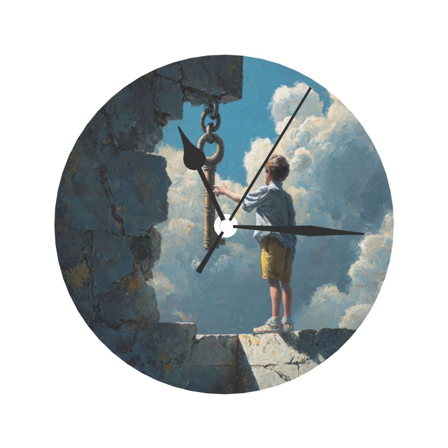 25cm Silent Wall Clock|Boy and the Key in the Sky|Surreal Fantasy Illustration
