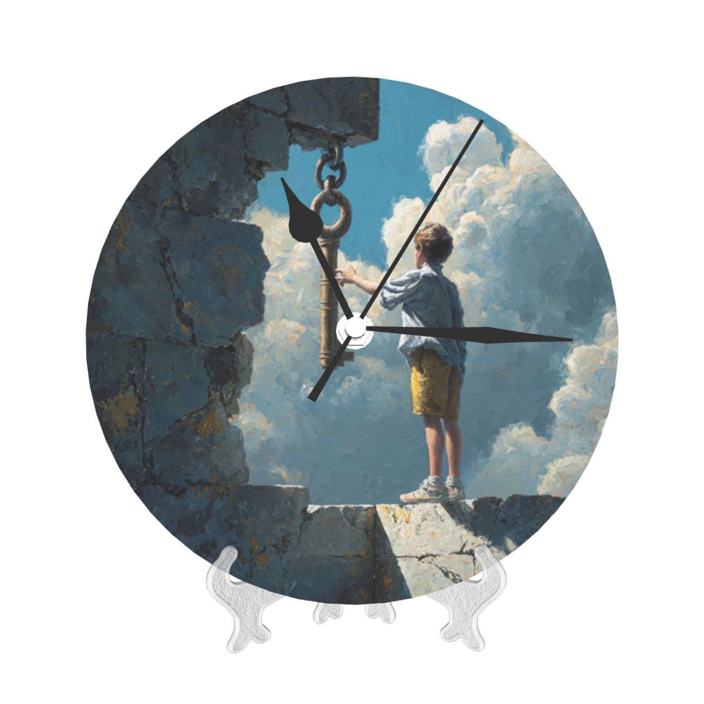 25cm Silent Wall Clock|Boy and the Key in the Sky|Surreal Fantasy Illustration