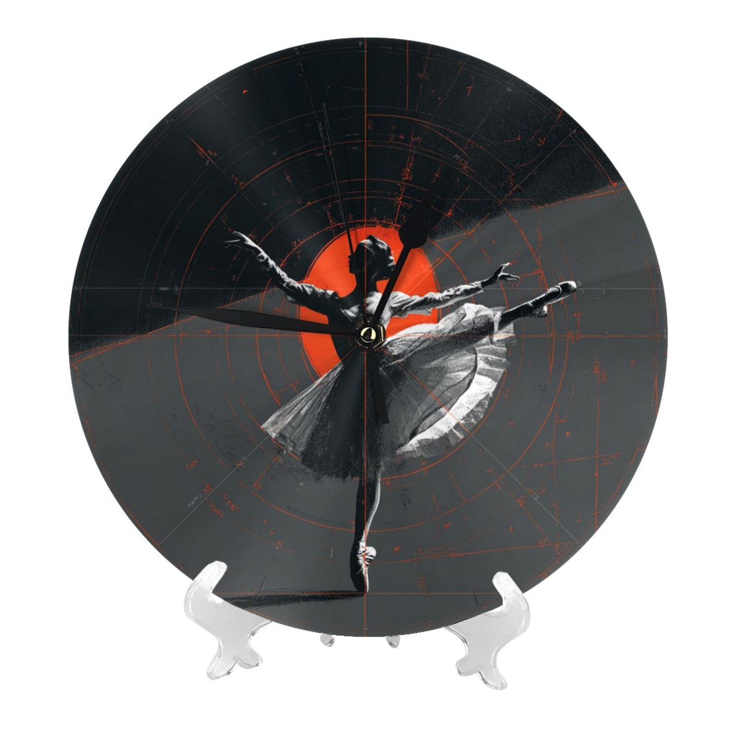 25cm Ballet-In-Time Art Clock|Geometric Modern Dancer Design|Silent Wall Clock with Red Accent
