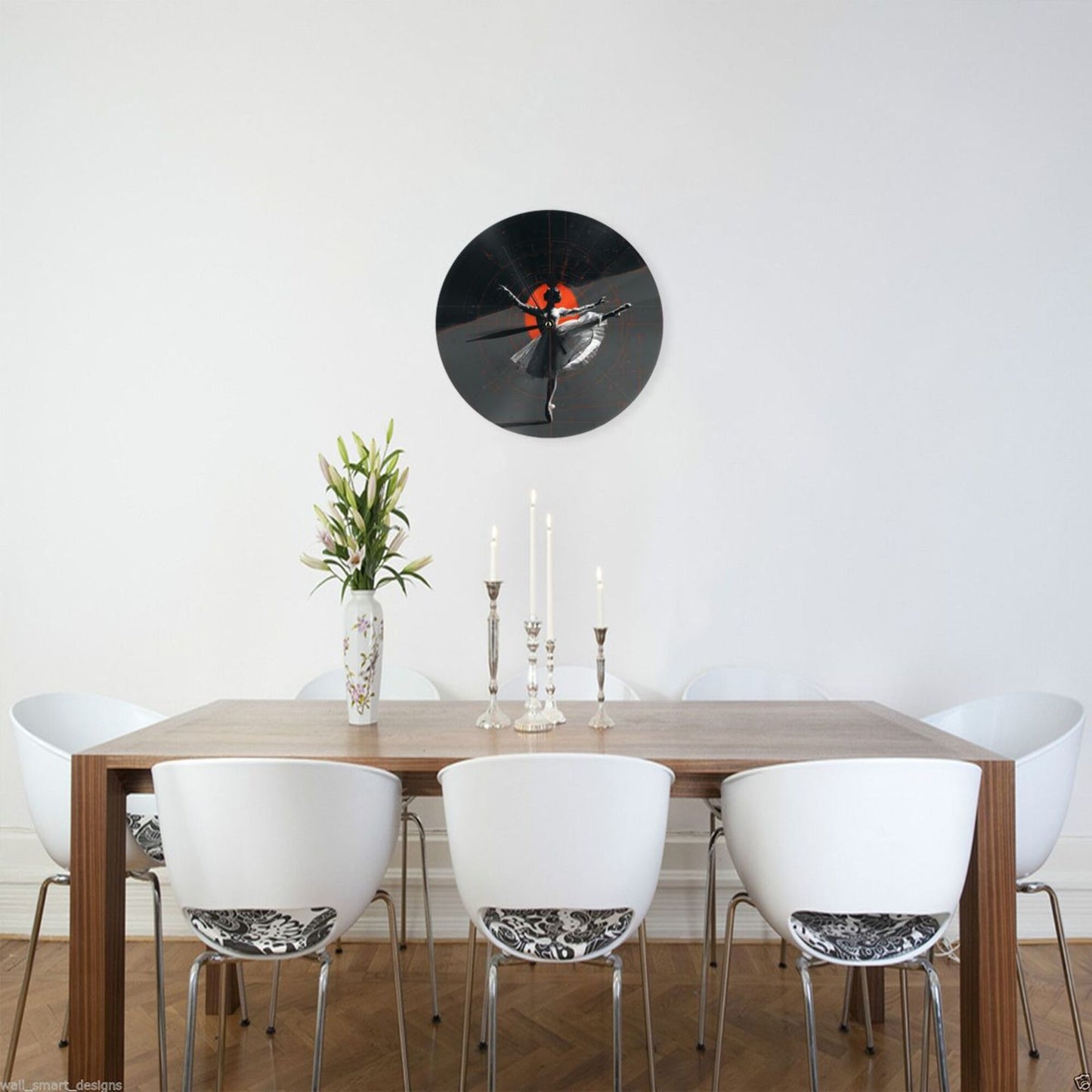 25cm Ballet-In-Time Art Clock|Geometric Modern Dancer Design|Silent Wall Clock with Red Accent