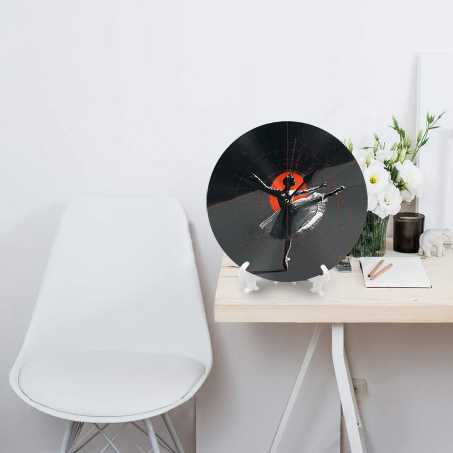 25cm Ballet-In-Time Art Clock|Geometric Modern Dancer Design|Silent Wall Clock with Red Accent