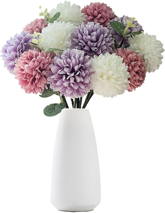 15-Stem Artificial Flower Set｜12-Inch Faux Silk Ball Chrysanthemum with Leaves｜3-Color Bloom + Greenery Bundle for Home Decor, Wedding Arrangement, DIY Floral Craft