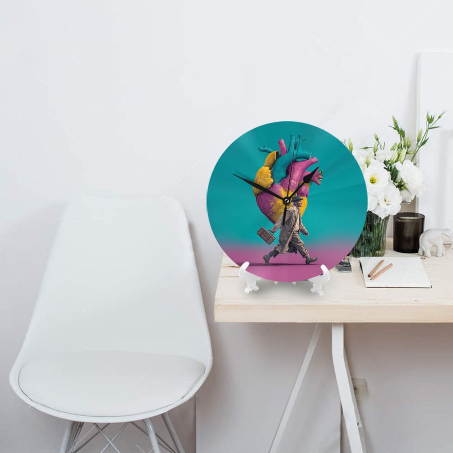 25cm Artistic Wall Clock – Vibrant Heart & Walking Man Design | Silent Round Creative Timepiece