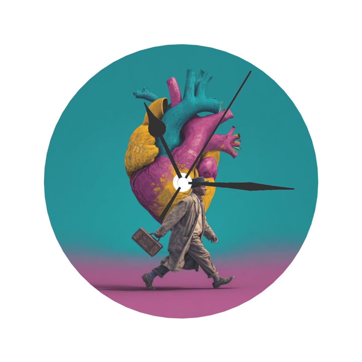25cm Artistic Wall Clock – Vibrant Heart & Walking Man Design | Silent Round Creative Timepiece