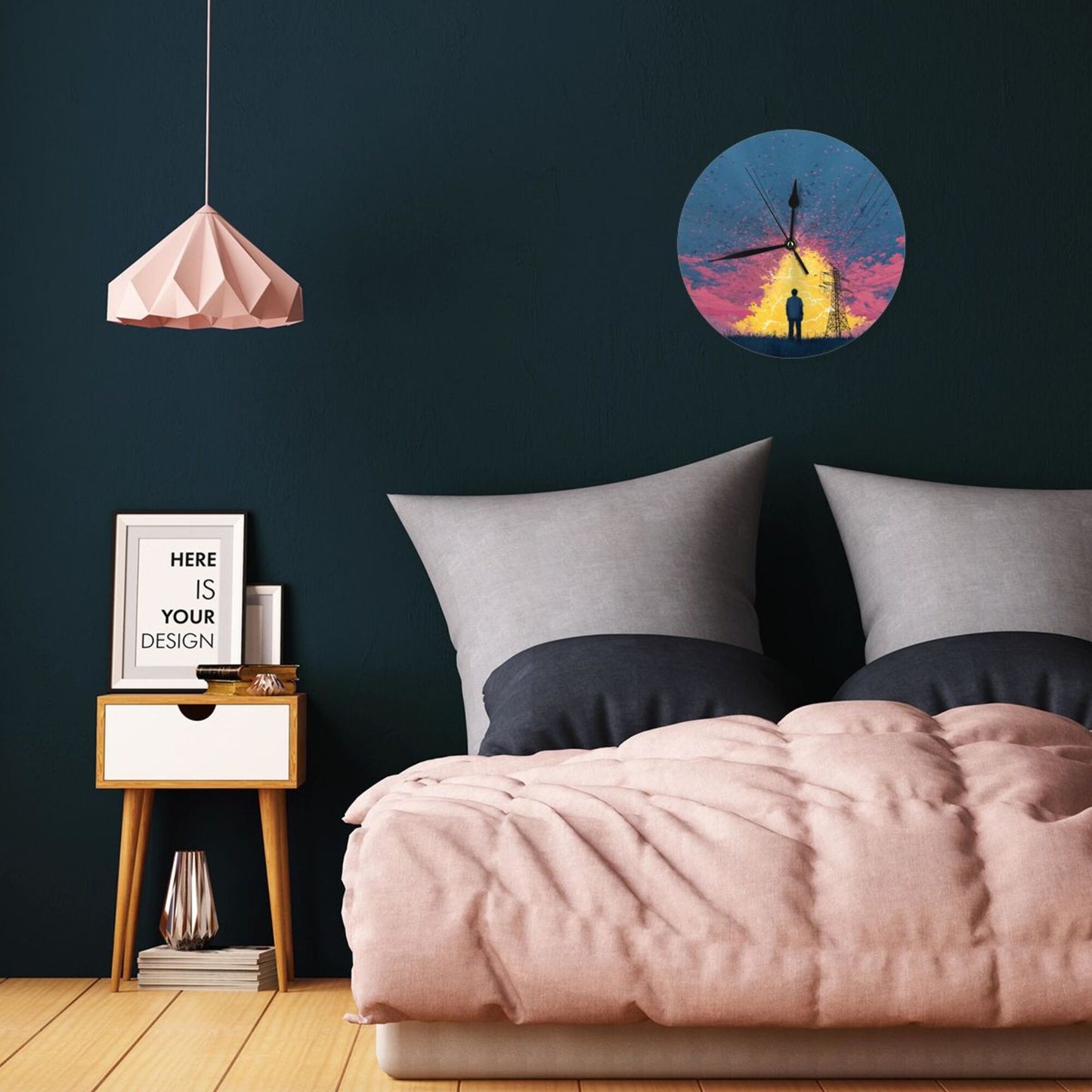 25cm Silent Wall Clock｜Electric Field & Thinking Figure｜Modern Abstract Illustration