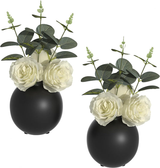 2-Piece Artificial Rose and Vase Set｜Black Round Matte Vase with White Silk Roses｜10" Tall Arrangement for Modern Home, Tabletop, Wedding, Office Decor