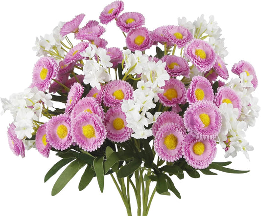 3 Bundles Artificial Daisy & White Flower Mixed Bouquet – 22.44” Tall x 11.81” Wide – Realistic Silk Flowers with Green Leaves for Home Decor, Wedding, Office, DIY Floral Arrangements