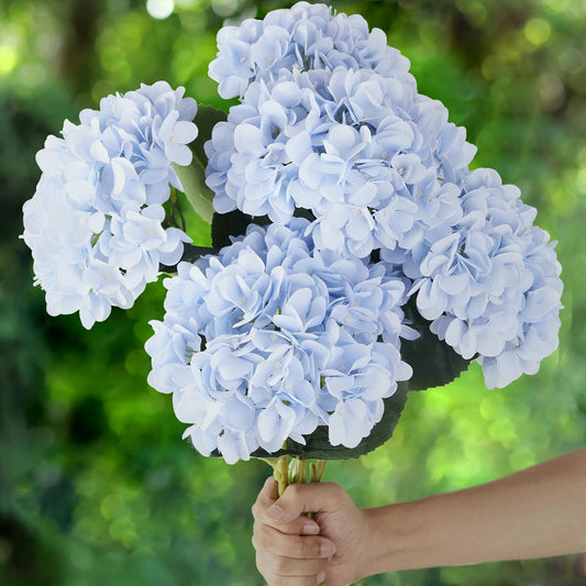 Artificial Blue Hydrangea Bouquet｜Realistic Silk Faux Flower with Large Bloom Head｜Soft Fabric Petals for Vase Decoration, Table Centerpiece, Wedding & Photography Prop