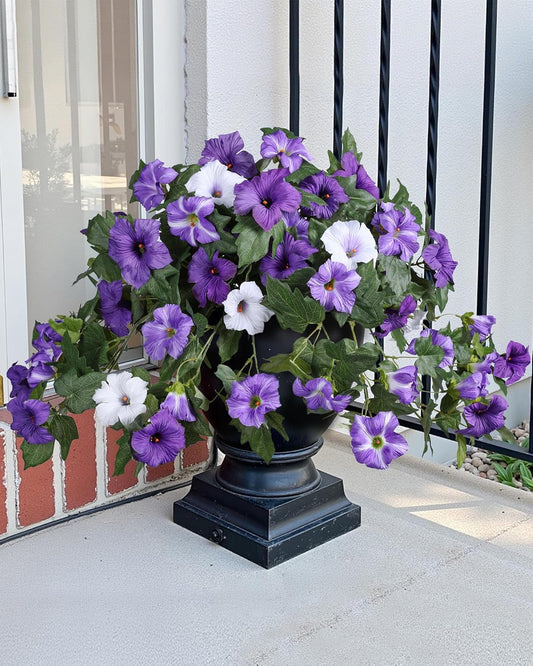 2-Piece Set Artificial Morning Glory Flower Bushes – 25” Wide x 15.5” Tall – Full Silk Blooms with Lush Green Leaves – Purple & White Mix – No Maintenance Floral Decor for Balcony, Home & Garden