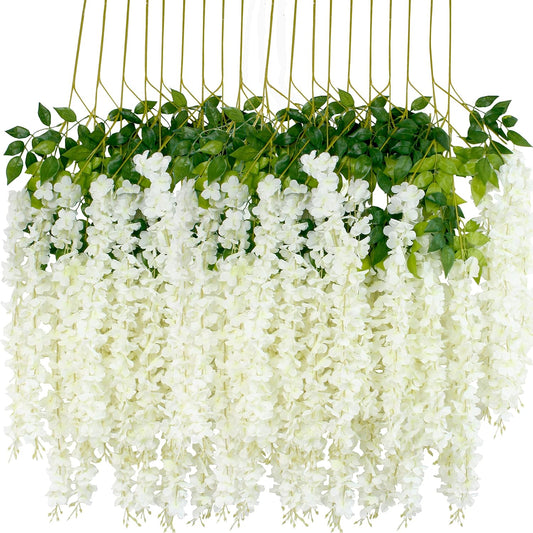 12Pcs-Artificial Hanging White Wisteria Vine｜43.2-Inch Long with 3 Cascading Floral Strands｜Silk Flower Garland for Wedding Arch, Ceiling Drapes, Balcony Decor, or Event Backdrops